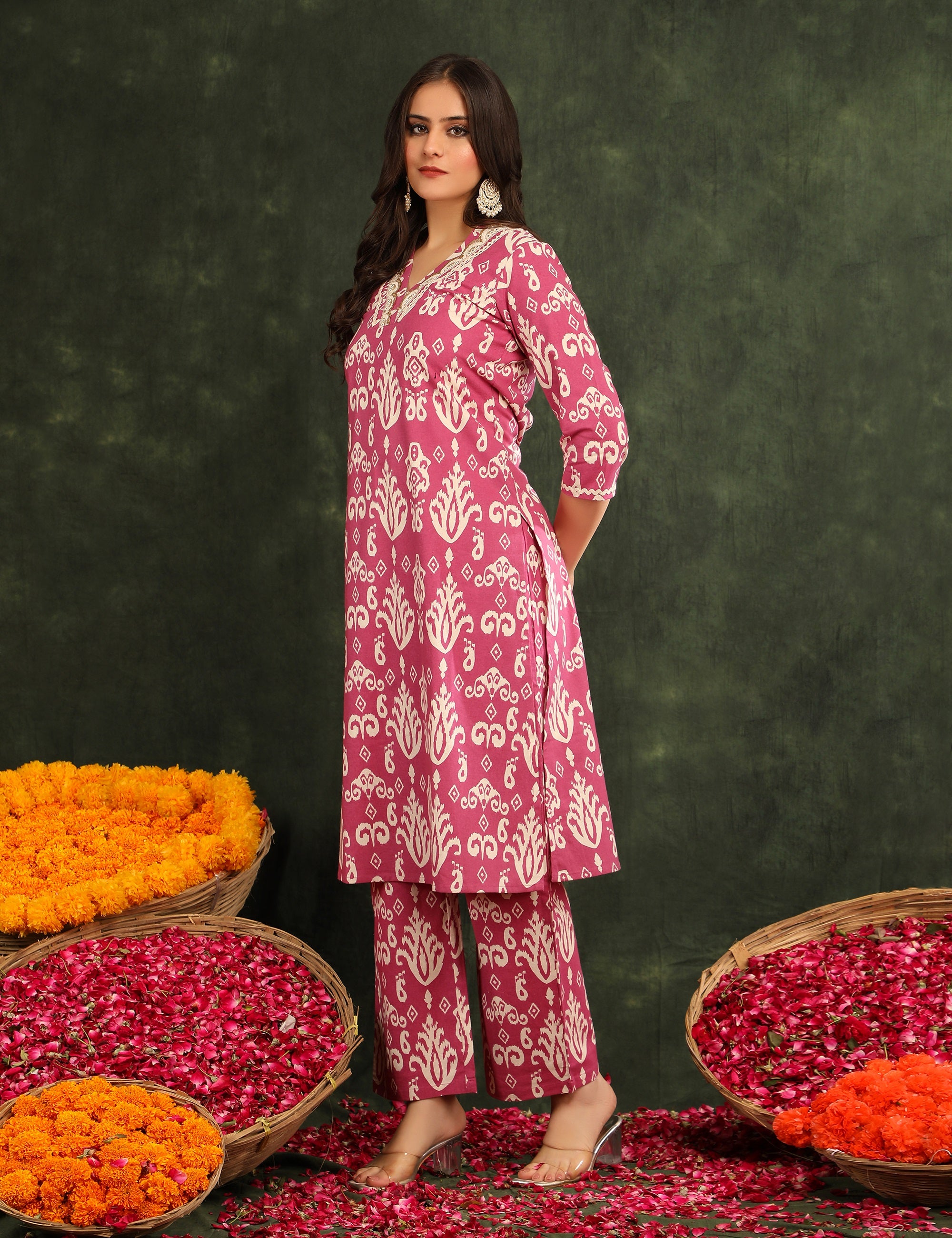Women Printed Regular Thread Work Pure Cotton Kurta with Palazzos